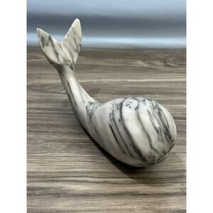 Whale Paperweight 9” Solid Heavy White With Black Swirl